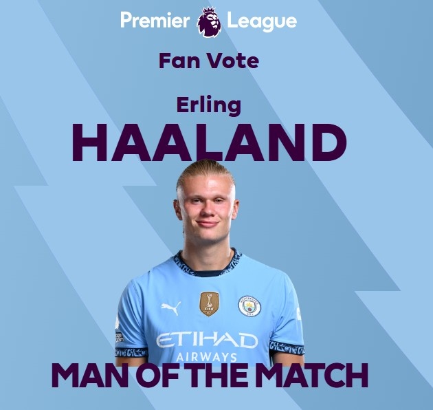 打進(jìn)致勝球！英超官方：哈蘭德當(dāng)選曼城1-0熱刺全場最佳球員