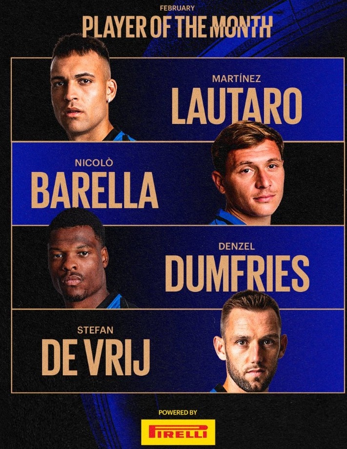 國米官方評(píng)二月隊(duì)內(nèi)最佳候選：勞塔羅、巴雷拉、鄧弗里斯、德弗里