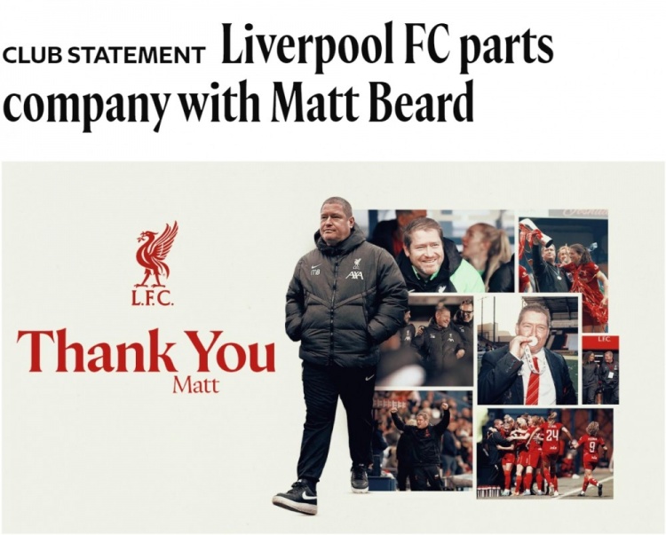 官方：利物浦女足主帥馬特-比爾德離任，懷特利擔(dān)任臨時(shí)教練