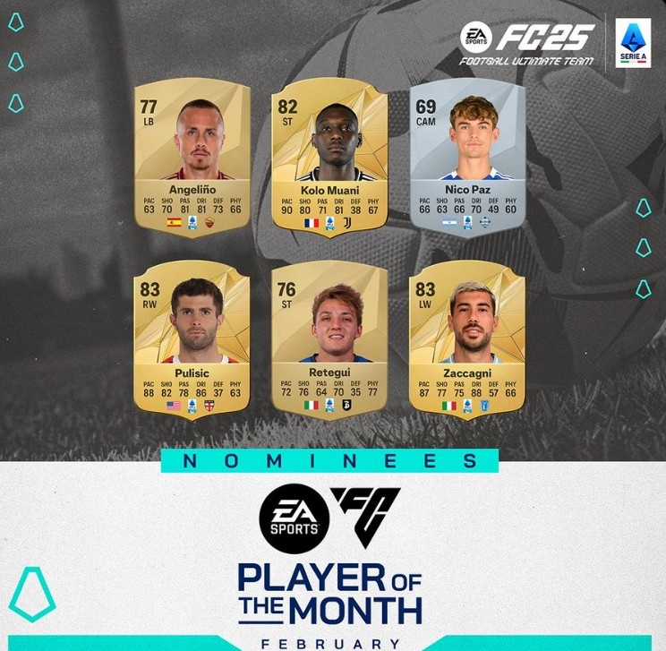 意甲官方2月最佳球員候選：普利西奇、穆阿尼、尼科-帕斯在列