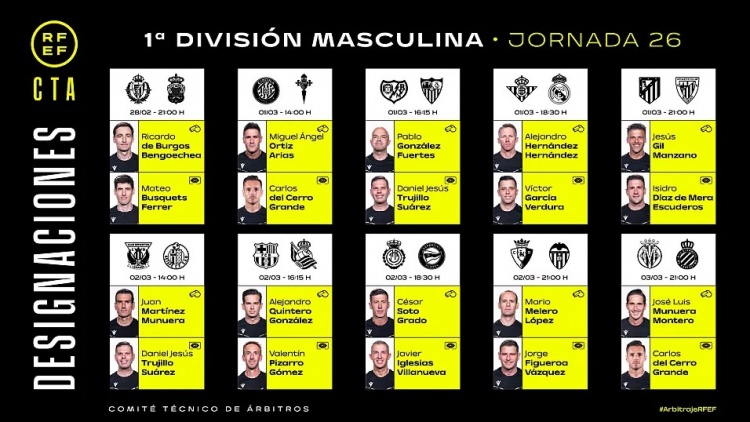 西甲第26輪裁判：埃爾南德斯執(zhí)法皇馬，昆特羅-岡薩雷斯主裁巴薩