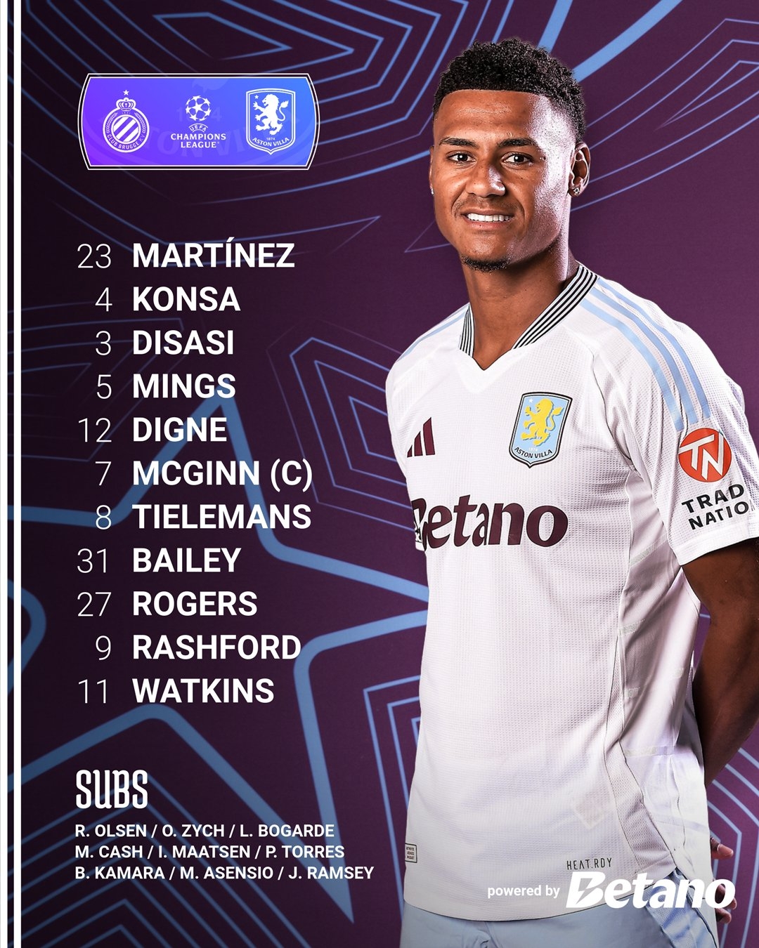 拉師傅出戰(zhàn)歐冠淘汰賽！維拉vs布魯日：拉什福德、沃特金斯先發(fā)