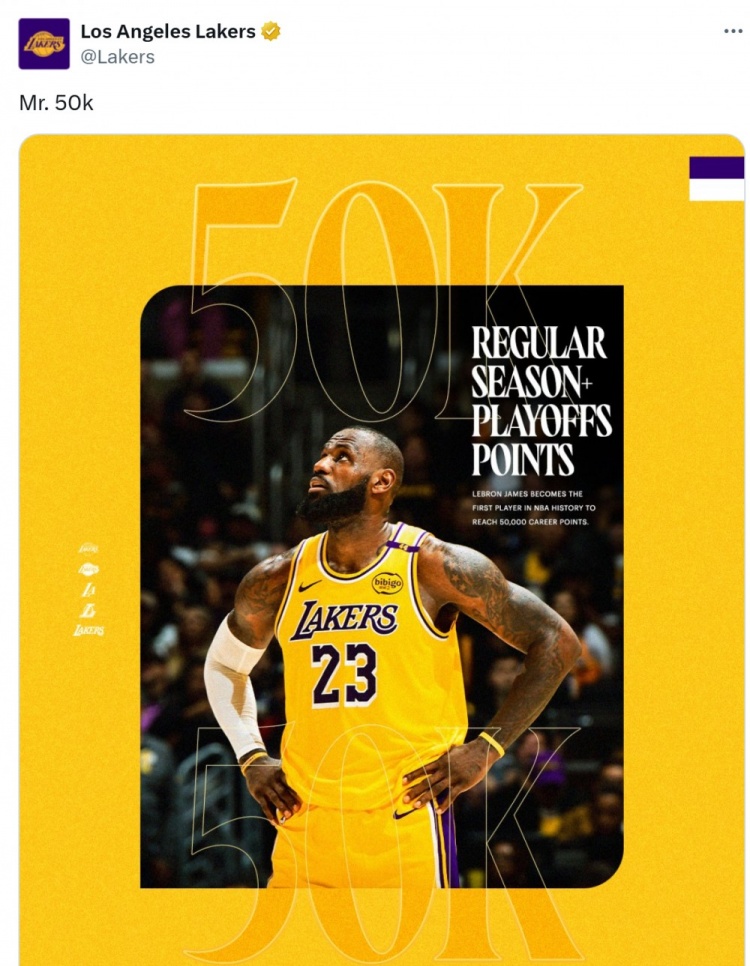 詹姆斯生涯50000分！湖人官方曬照：五萬分先生