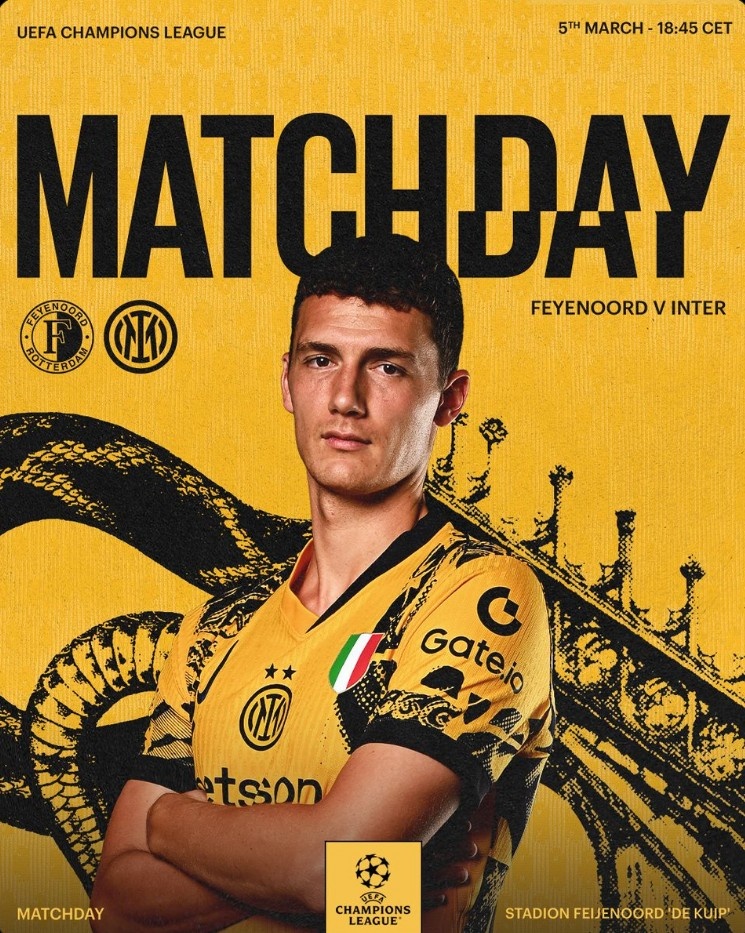 國米發(fā)布本輪歐冠對陣費耶諾德海報，帕瓦爾單人出鏡