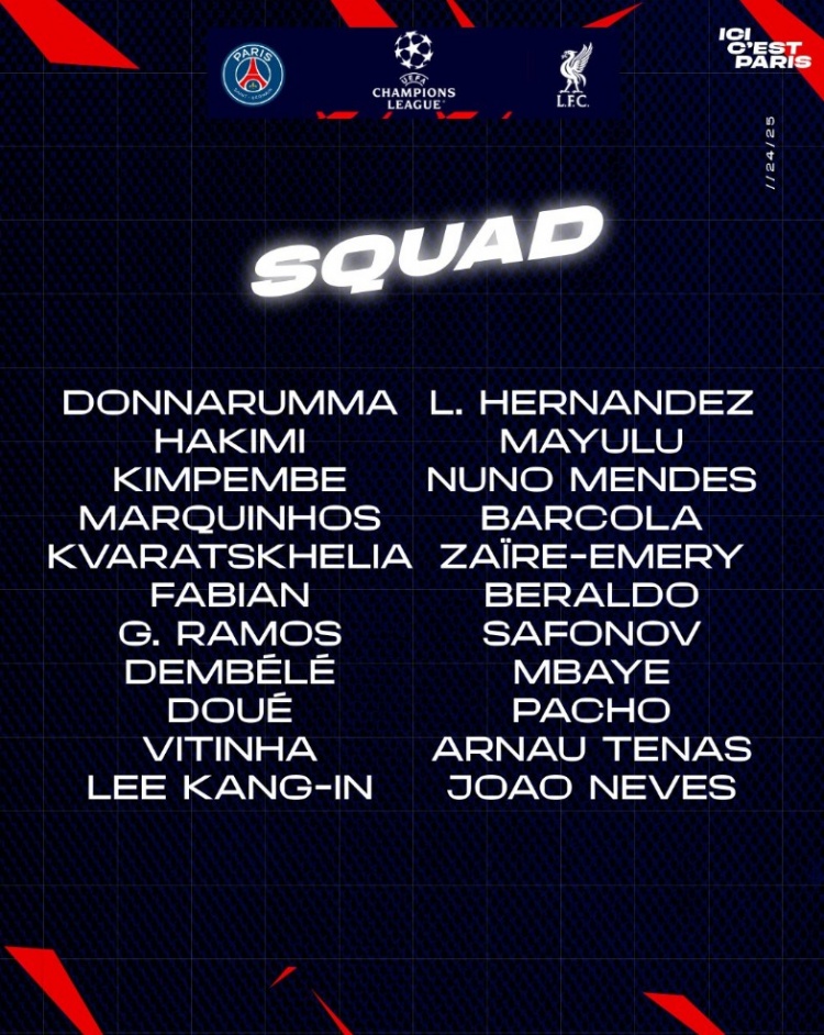 巴黎對(duì)陣?yán)锲执竺麊危旱秦惾R領(lǐng)銜鋒線，馬爾基尼奧斯坐鎮(zhèn)后防