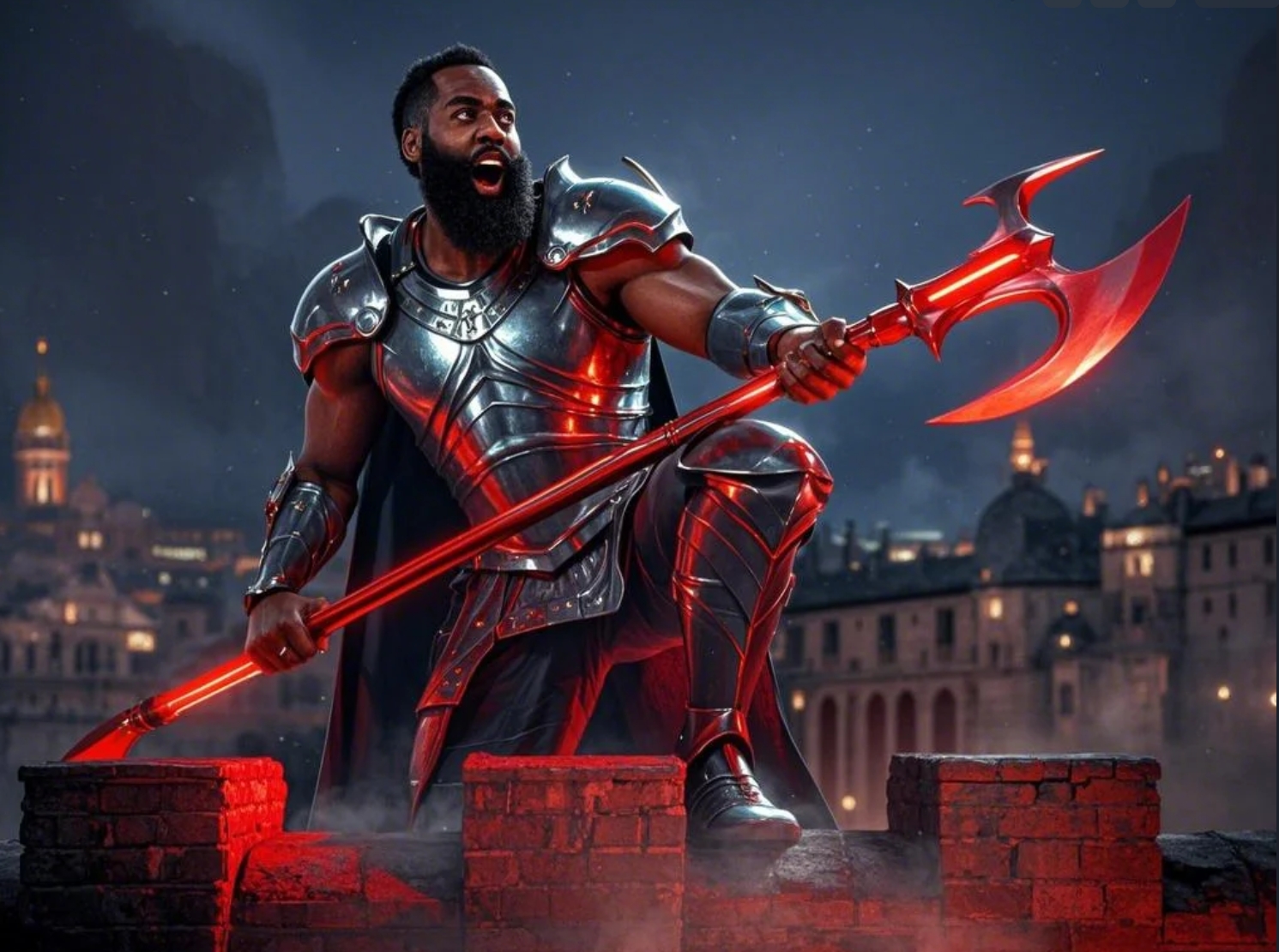 【AI繪圖】50分！登哥身穿紅芒鎧甲手拿鉤戟站在城墻上怒吼