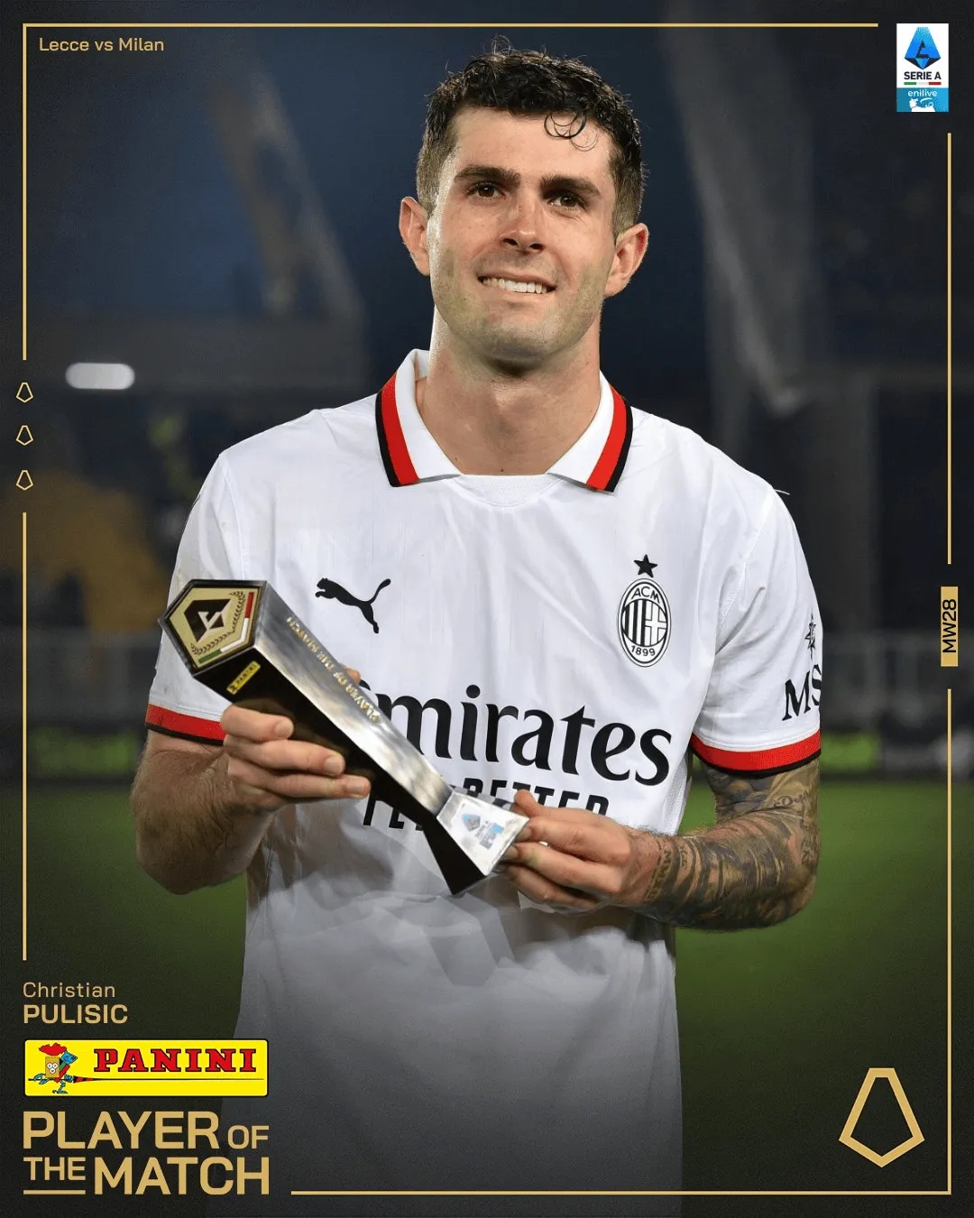 美國隊長！官方：普利西奇當(dāng)選AC米蘭vs萊切全場最佳球員