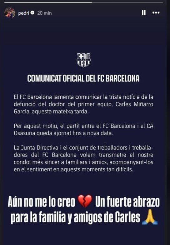 痛心！特爾施特根、佩德里、加維等球員社媒發(fā)文哀悼離世隊醫(yī)