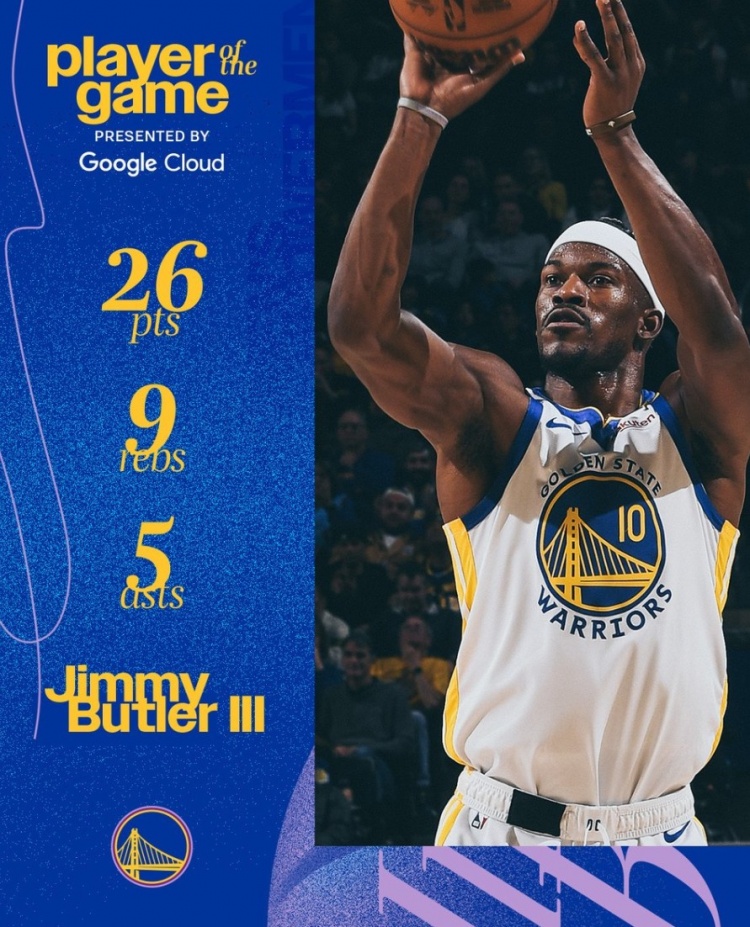 代表勇士出戰(zhàn)11勝1負(fù)！巴特勒當(dāng)選本場勇士最佳球員