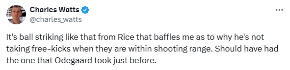 記者：為什么任意球不讓賴斯主罰呢？厄德高那球應該讓賴斯去踢的