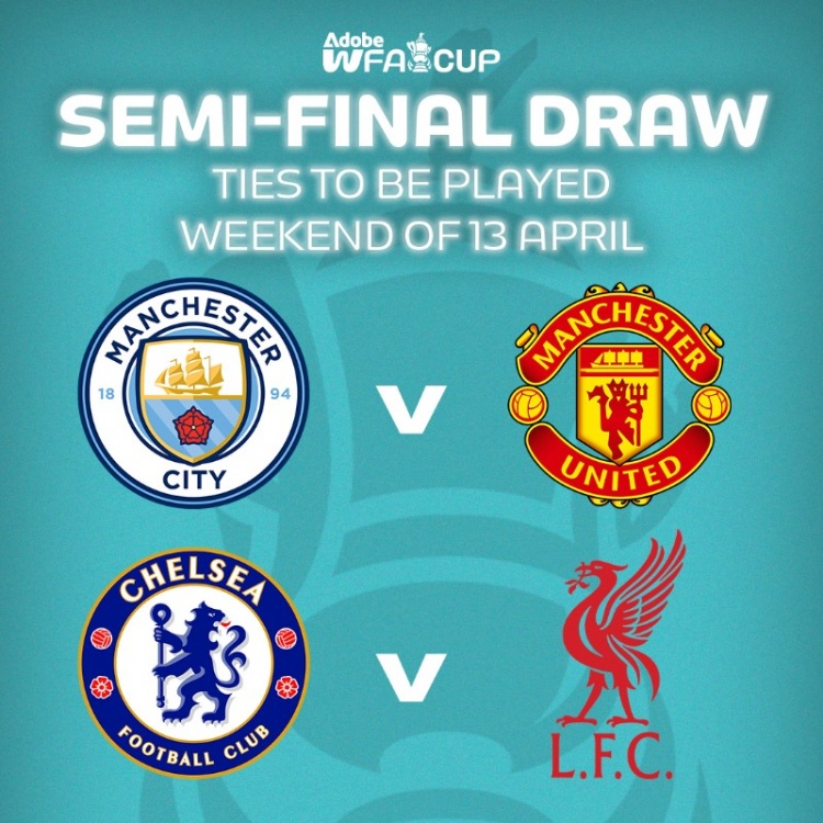女足足總杯半決賽對(duì)陣：曼城vs曼聯(lián)，切爾西vs利物浦