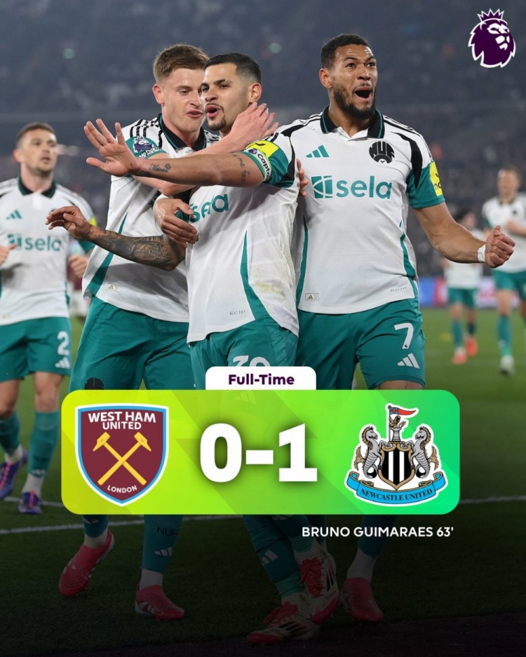 吉馬良斯制勝勝紐卡客場(chǎng)1-0擊敗西漢姆聯(lián)，喜鵲積分已追平曼城