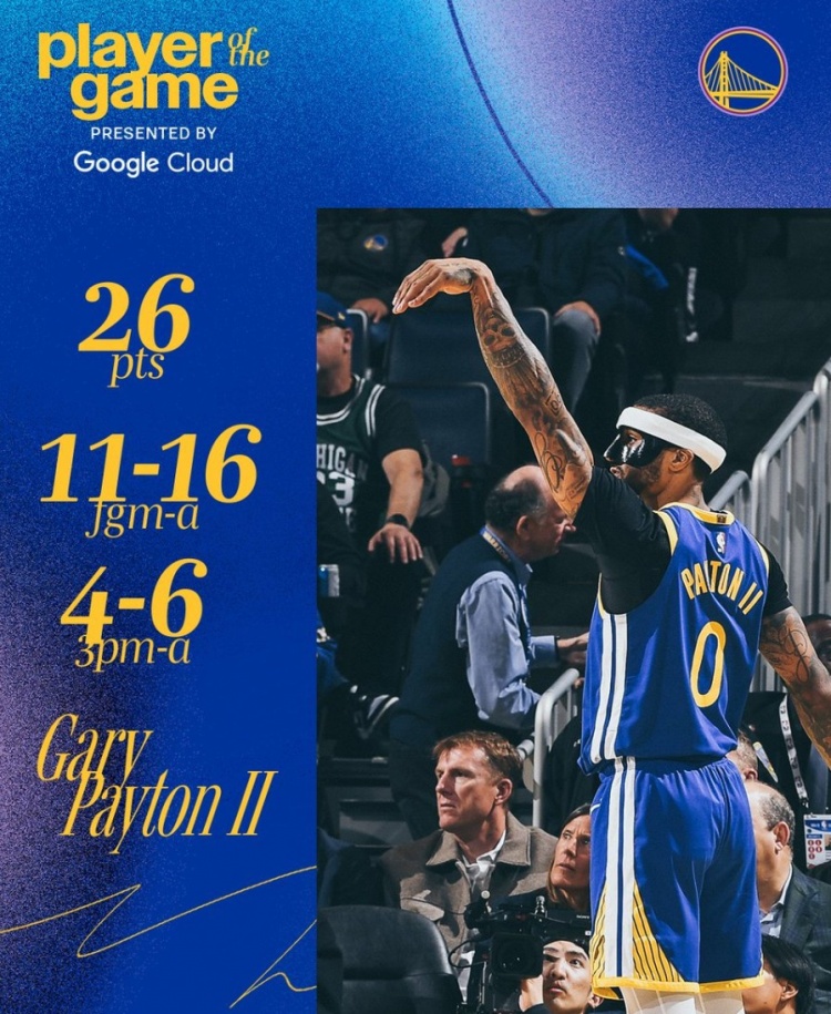 爆砍生涯新高26分！小佩頓當(dāng)選本場勇士隊最佳球員