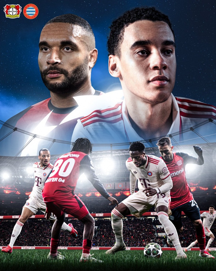 首回合3-0取勝！拜仁發(fā)布戰(zhàn)勒沃庫森海報：穆西亞拉對決若納坦-塔