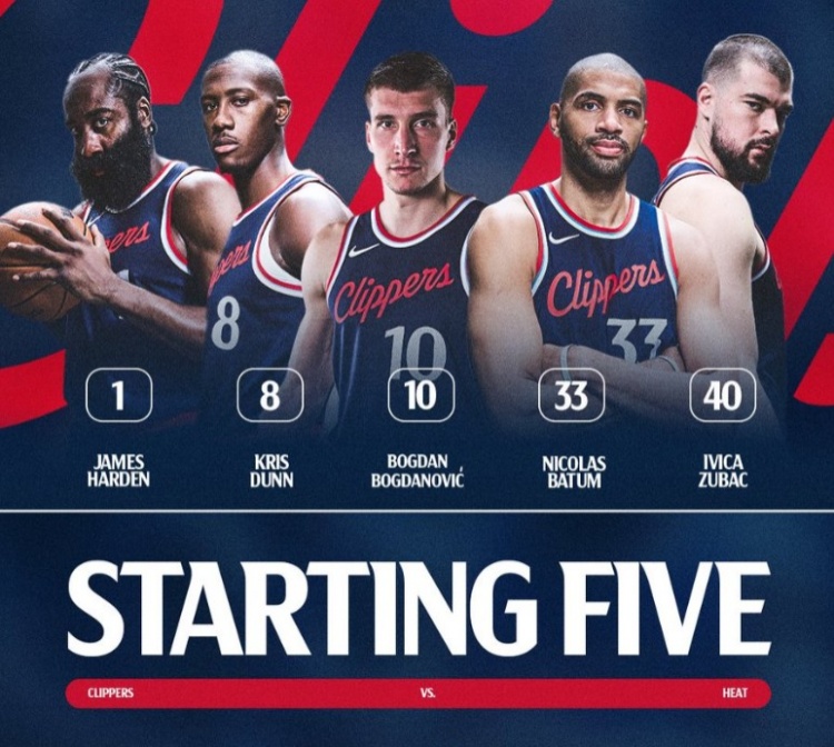 小卡輪休！快船首發(fā)：哈登、鄧恩、博格丹、巴圖姆、祖巴茨