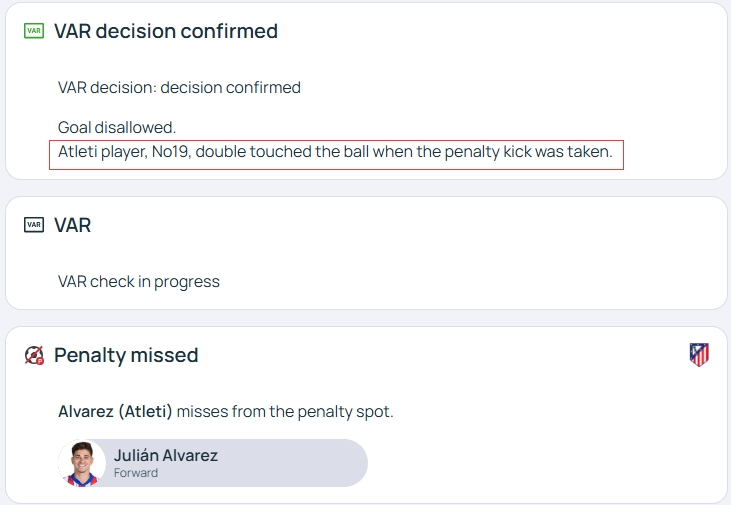 官方明確！歐冠官網(wǎng)：阿爾瓦雷斯罰點(diǎn)時(shí)2次觸球，VAR決定進(jìn)球無效