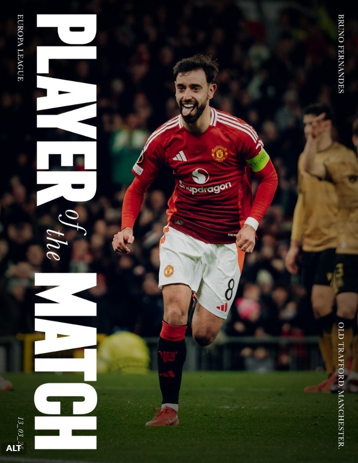 毋庸置疑，曼聯(lián)官方：上演帽子戲法的B費(fèi)當(dāng)選本輪歐聯(lián)隊(duì)內(nèi)最佳