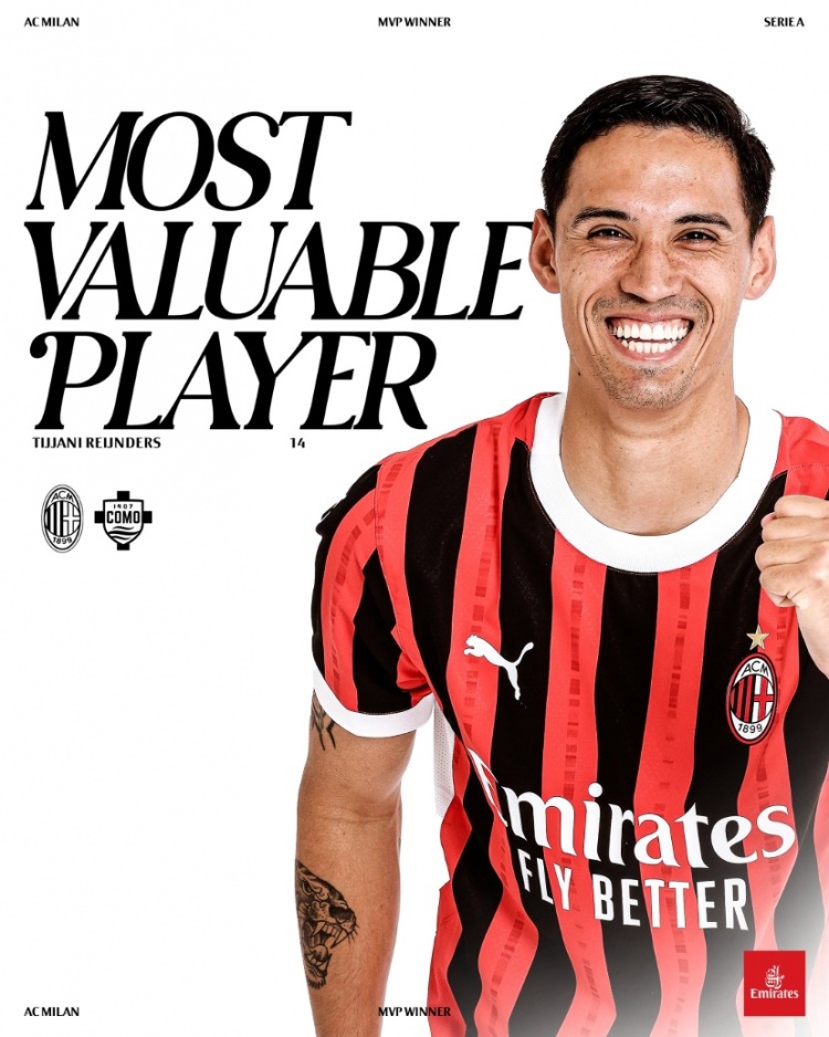 對(duì)陣科莫傳射建功，賴因德斯當(dāng)選本場(chǎng)比賽米蘭隊(duì)內(nèi)最佳球員