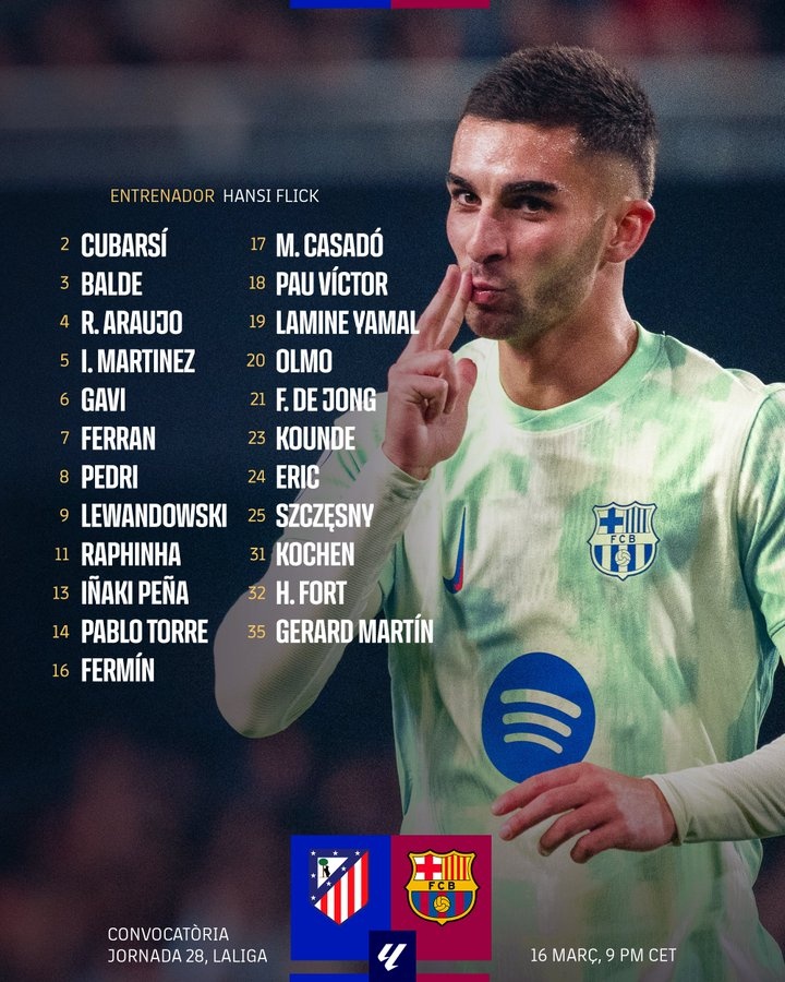 焦點大戰(zhàn)！巴薩客戰(zhàn)馬競名單公布：亞馬爾、萊萬、佩德里領銜