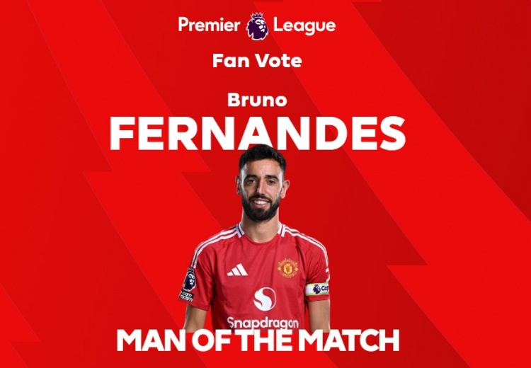 1射2傳，英超官方：B費當選曼聯(lián)3-0萊斯特城全場最佳