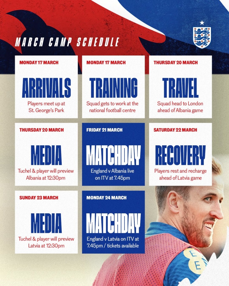 英格蘭本期集訓(xùn)日程：3月17日集合，將對(duì)陣阿爾巴尼亞、拉脫維亞