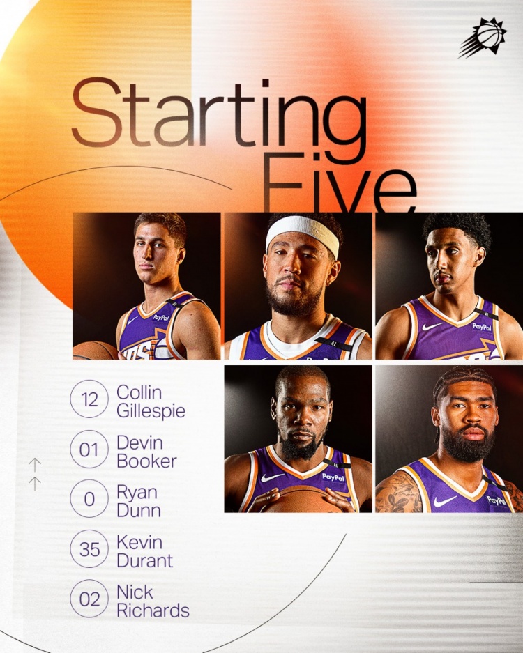 今日對陣猛龍！太陽首發(fā)：吉萊斯皮、布克、鄧恩、KD、理查茲