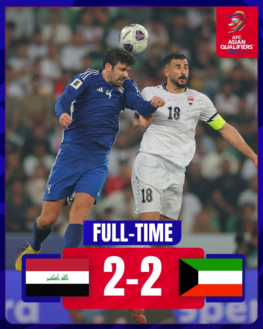 101分鐘絕平！世預(yù)賽伊拉克補(bǔ)時(shí)階段連進(jìn)兩球，2-2戰(zhàn)平科威特