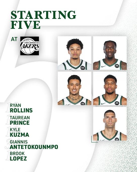 客場挑戰(zhàn)湖人！雄鹿今日首發(fā)：字母哥領(lǐng)銜 表哥缺陣 庫茲馬戰(zhàn)舊主