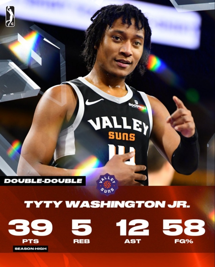 前火箭隊(duì)員！小泰泰-華盛頓G聯(lián)盟26中15爆砍39分5板12助2斷