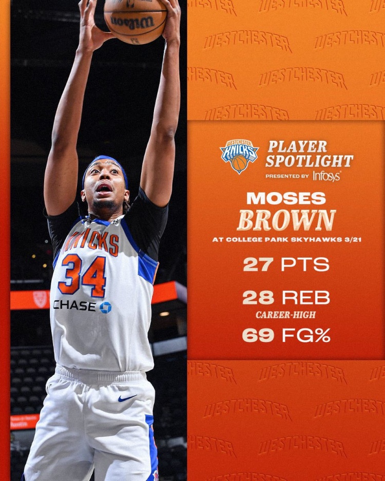 內(nèi)線大殺器！摩西-布朗今日發(fā)展聯(lián)盟比賽13中9爆砍27分28籃板