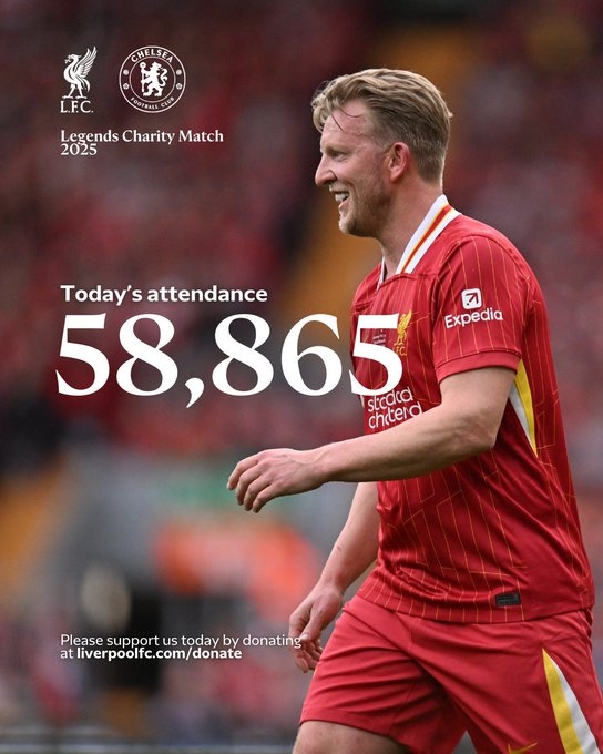 捧場！利物浦vs切爾西傳奇慈善賽現(xiàn)場共計有58865名觀眾