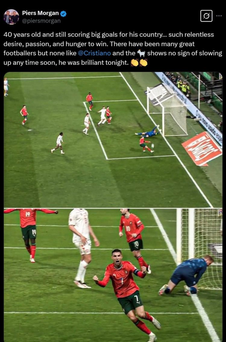 摩根叒稱贊C羅：40歲了還如此渴望勝利，沒有球員能做到GOAT這樣