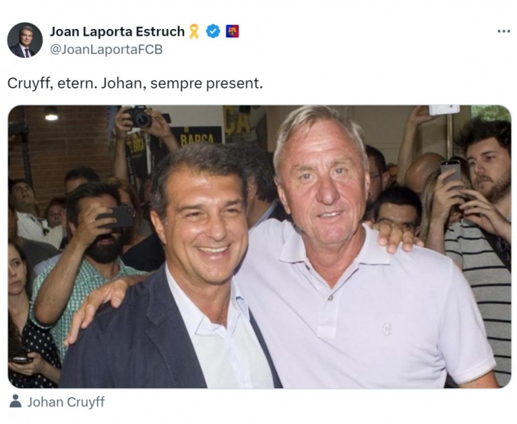 克魯伊夫逝世九周年，拉波爾塔社媒曬合照悼念：永恒不朽